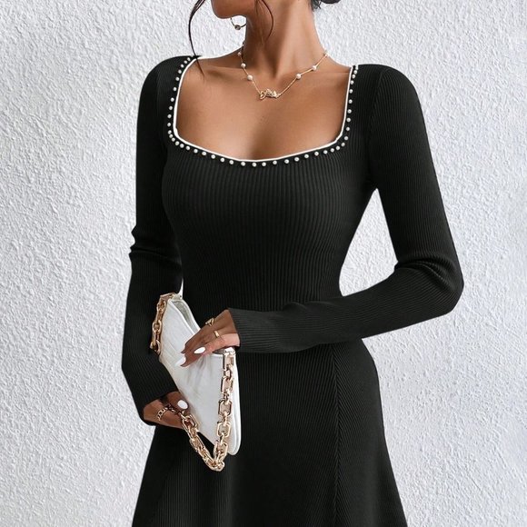 Black Preppy Womens Sweetheart Neck Ribbed Knit Sweater Dress - Picture 5 of 5